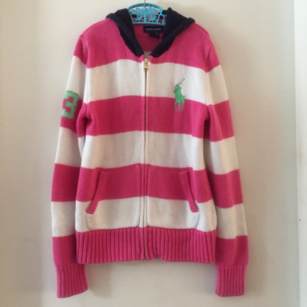 Ralph Lauren Girls Zip Sweater Pink White Striped
